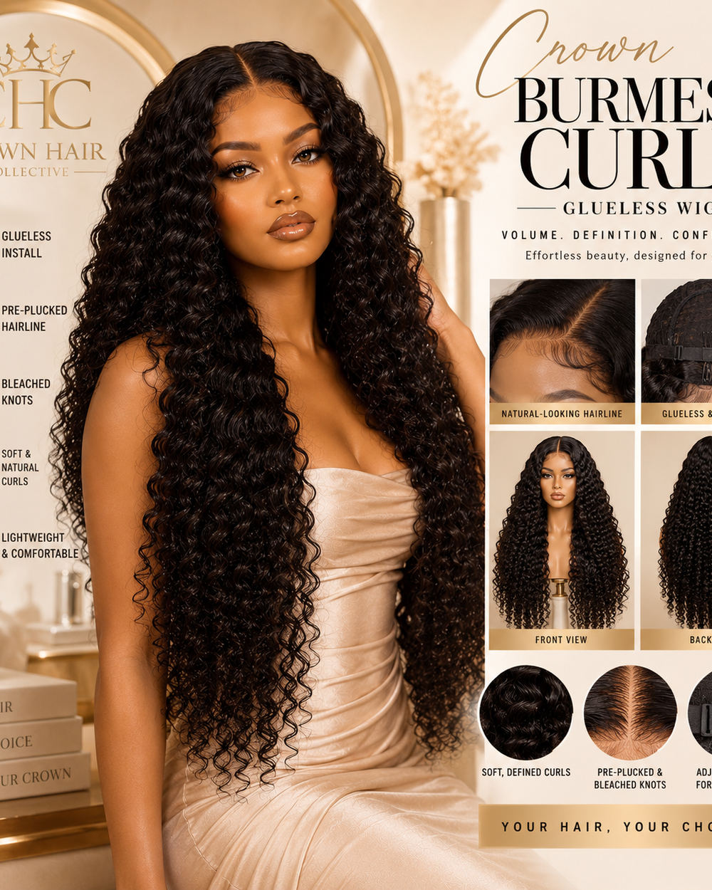 Crown Burmese Curly Glueless Wig - Natural 1B